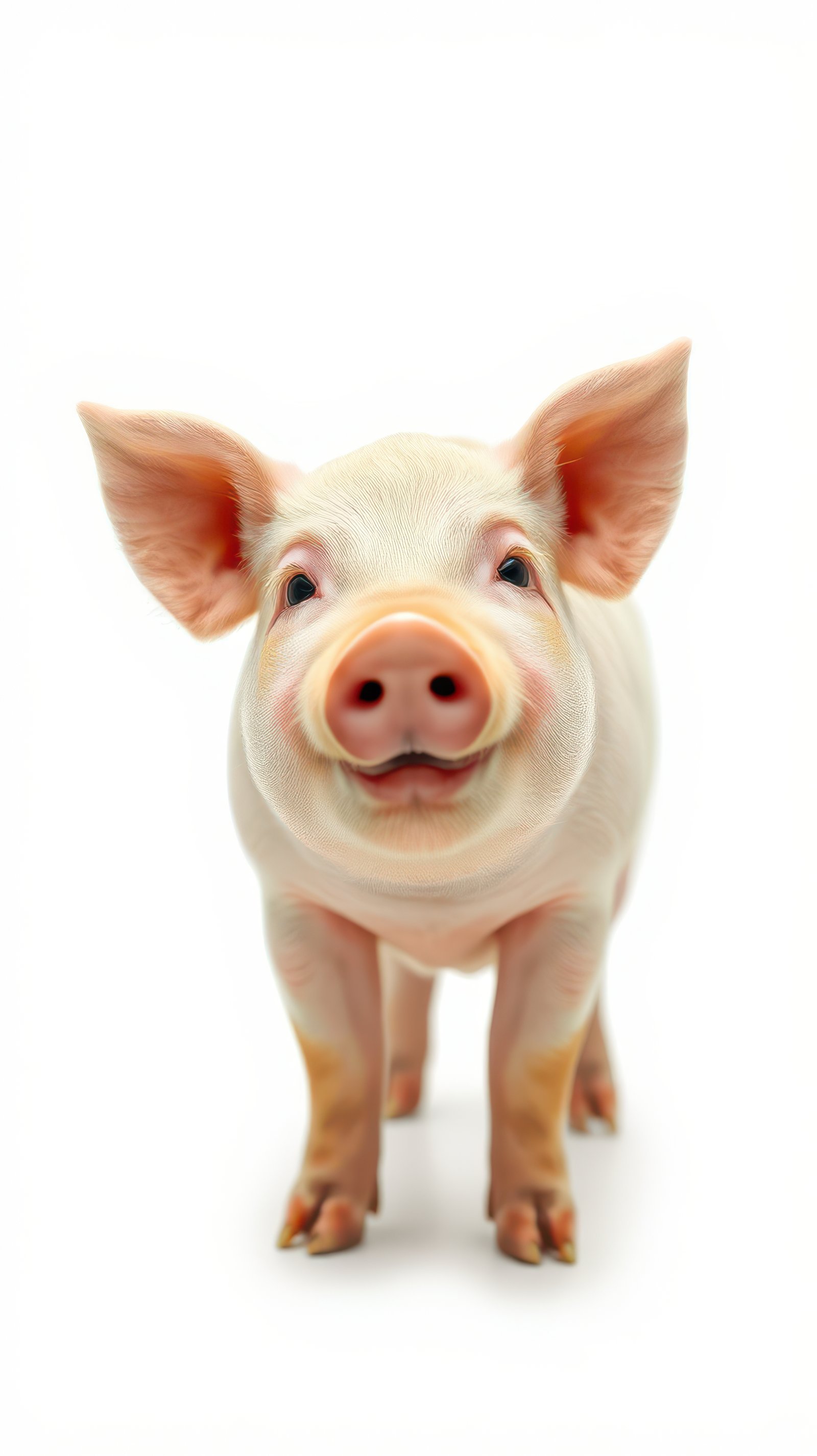 A small pig stands on a white background and looks directly at the camera